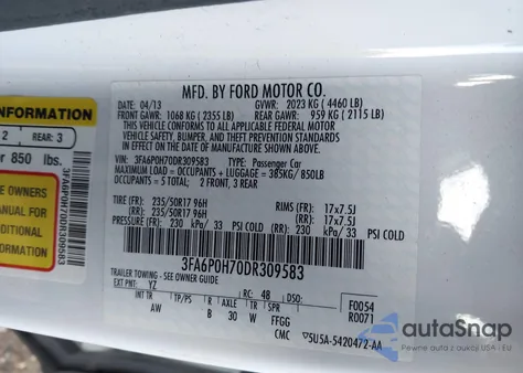2013 Ford Fusion Se z USA, uszkodzony, nr VIN 3FA6P0H70DR309583